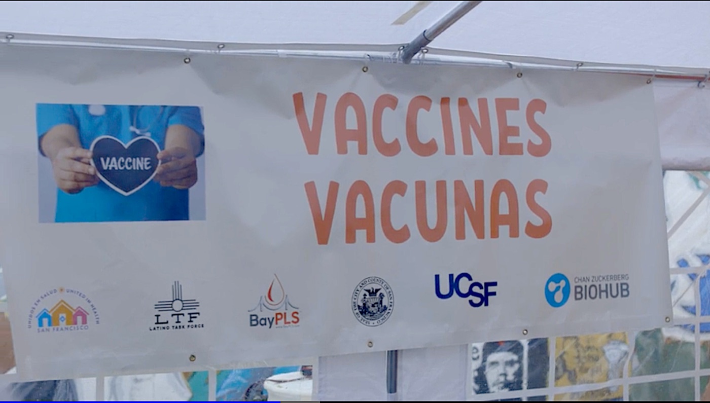 A bilingual banner reading Vaccines, Vacunas with partner logos for Unidos en Salud, the Latino Task Force, UCSF and CZ Biohub