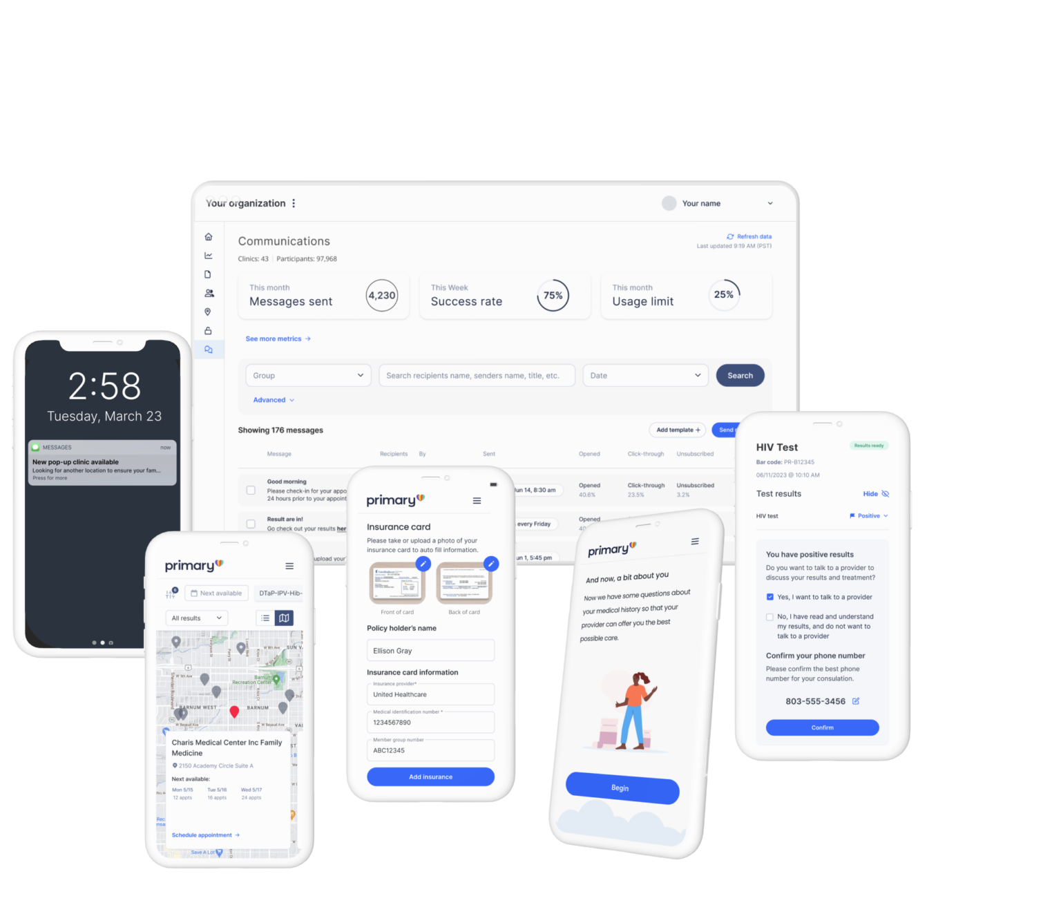 Primary Health platform showing patient registration, scheduling, and results on desktop and mobile